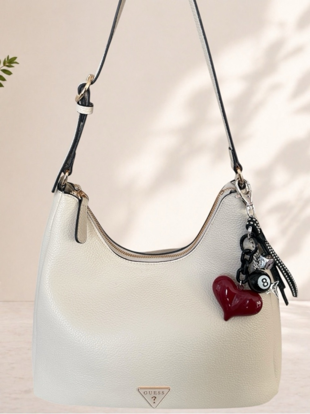 Guess Cream Pebbled Leather Shoulder Bag with Heart Charm